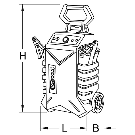 Schwarz-weiße Abbildung eines Batterieladegeräts mit Griff, Klemmen und Rädern; KS TOOLS.